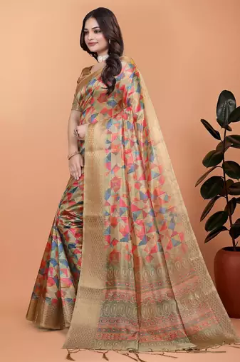 gold printed art silk designer pallu saree