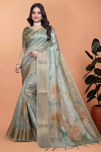 light green printed art silk designer pallu saree