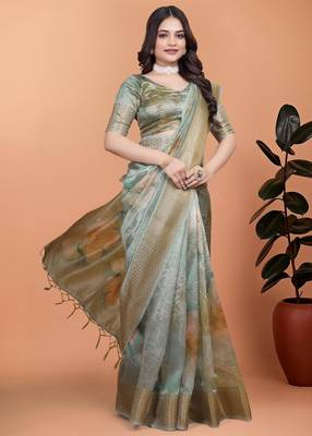 light green printed art silk designer pallu saree 2