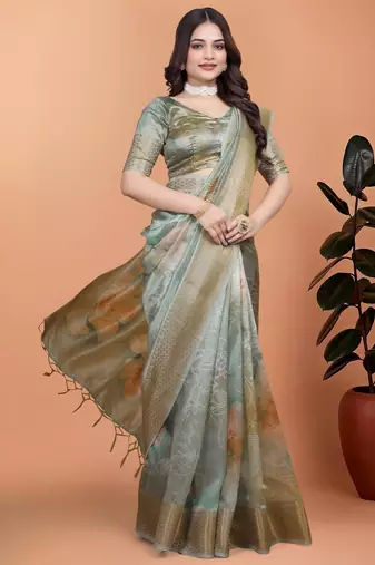 light green printed art silk designer pallu saree