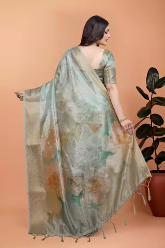 light green printed art silk designer pallu saree