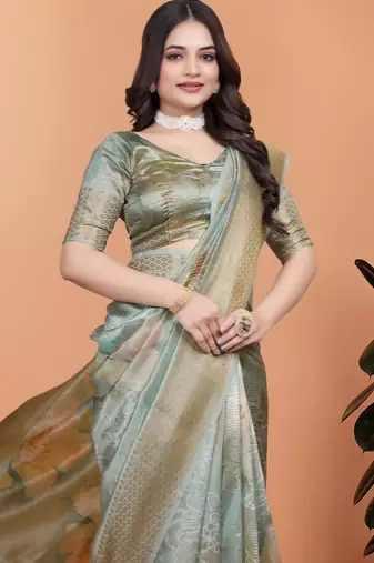 light green printed art silk designer pallu saree