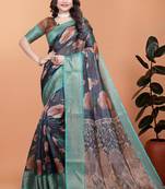 blue printed art silk designer pallu saree