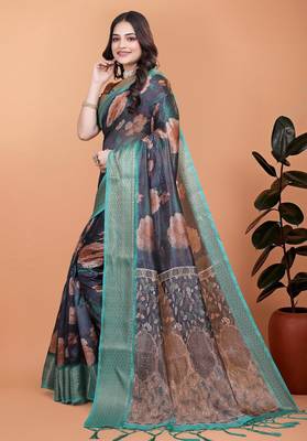 blue printed art silk designer pallu saree 2