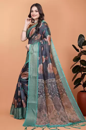 blue printed art silk designer pallu saree