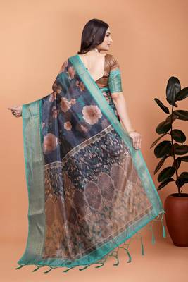 blue printed art silk designer pallu saree 3