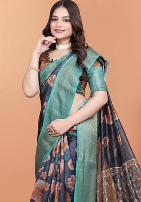 blue printed art silk designer pallu saree 4