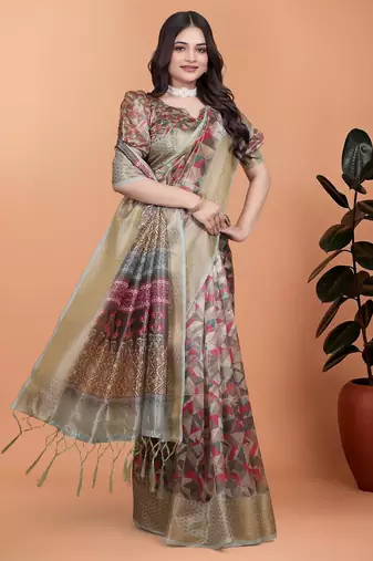 multicolor printed art silk designer pallu saree
