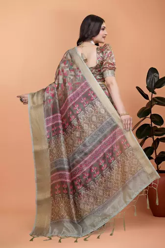 multicolor printed art silk designer pallu saree