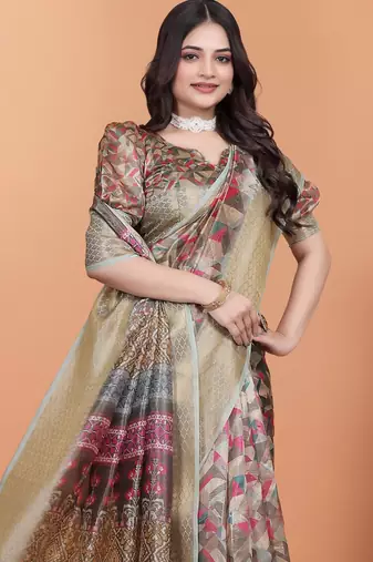 multicolor printed art silk designer pallu saree