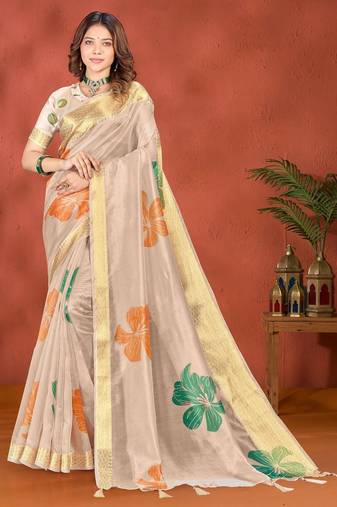 cream printed art silk designer pallu saree