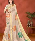 cream printed art silk designer pallu saree