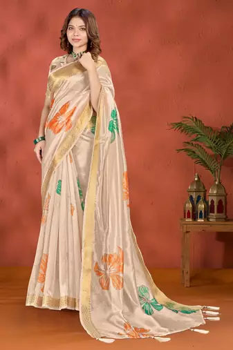cream printed art silk designer pallu saree