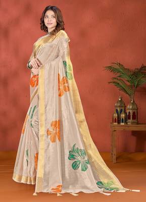 cream printed art silk designer pallu saree 3