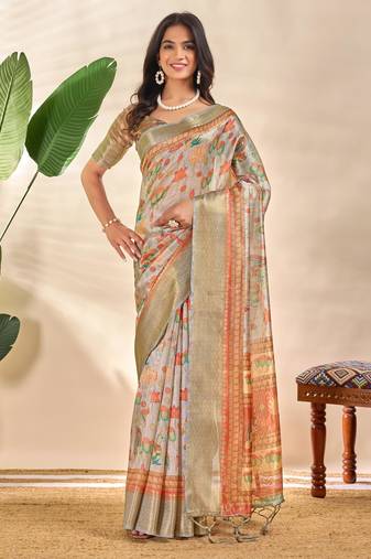 cream printed art silk designer pallu saree