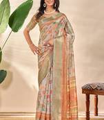 cream printed art silk designer pallu saree