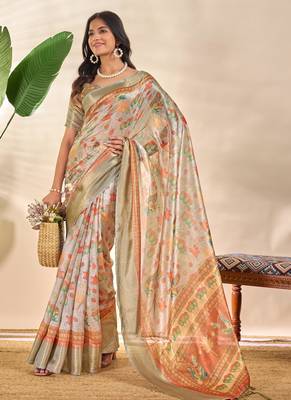 cream printed art silk designer pallu saree 2