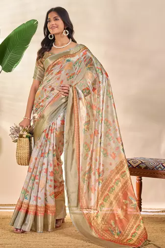 cream printed art silk designer pallu saree