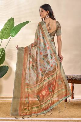 cream printed art silk designer pallu saree 3