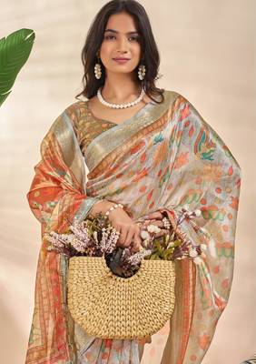 cream printed art silk designer pallu saree 4
