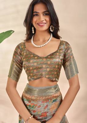 cream printed art silk designer pallu saree 5