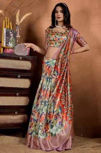 multicolor printed art silk designer pallu saree