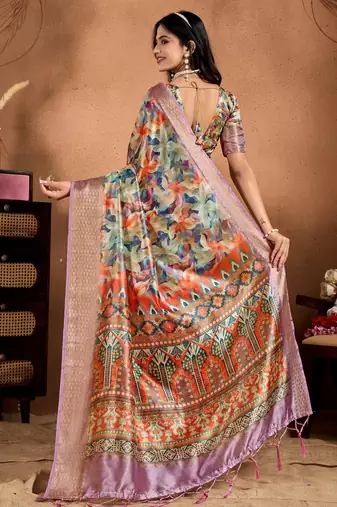 multicolor printed art silk designer pallu saree