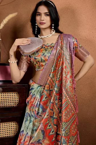 multicolor printed art silk designer pallu saree