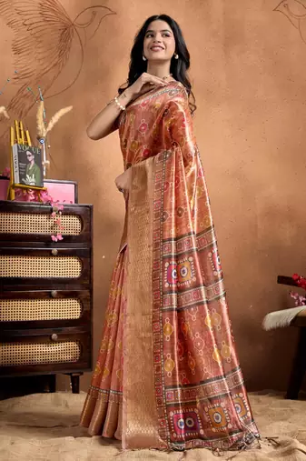 orange printed art silk designer pallu saree