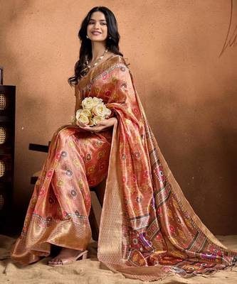 orange printed art silk designer pallu saree 4
