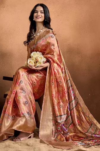 orange printed art silk designer pallu saree