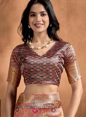 orange printed art silk designer pallu saree 5