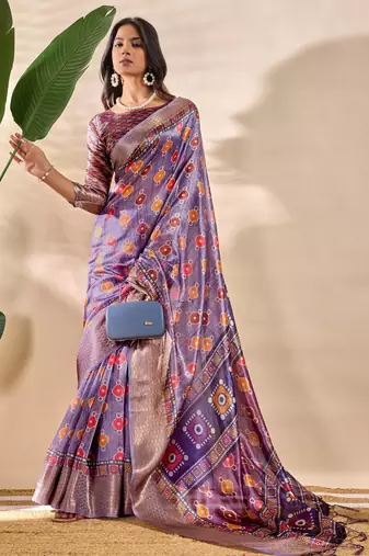 purple printed art silk designer pallu saree