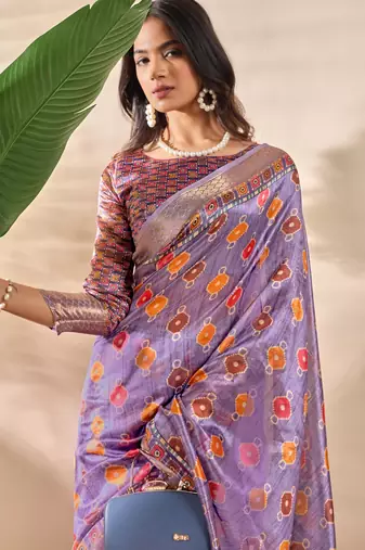 purple printed art silk designer pallu saree