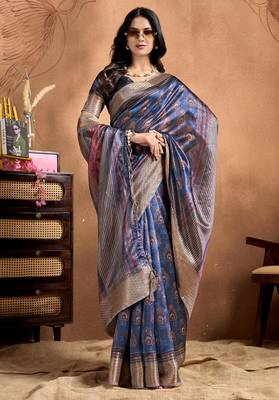 teal printed art silk designer pallu saree 2