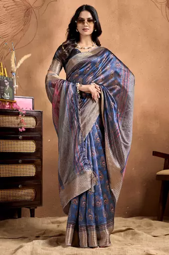 teal printed art silk designer pallu saree