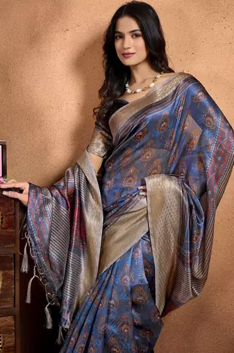 teal printed art silk designer pallu saree