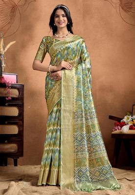 parrot green printed art silk designer pallu saree 1