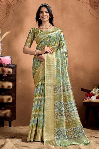 parrot green printed art silk designer pallu saree