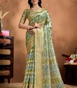 parrot green printed art silk designer pallu saree