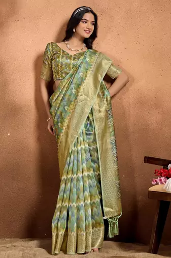 parrot green printed art silk designer pallu saree