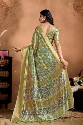 parrot green printed art silk designer pallu saree