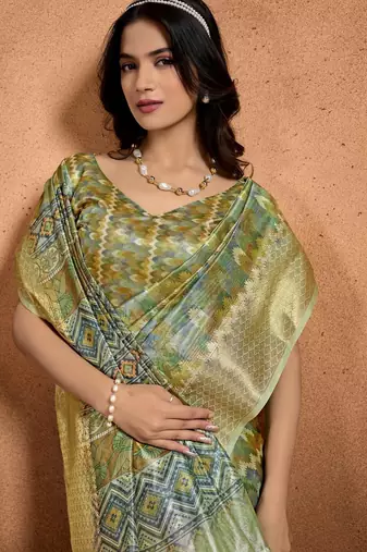 parrot green printed art silk designer pallu saree