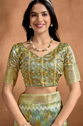 parrot green printed art silk designer pallu saree
