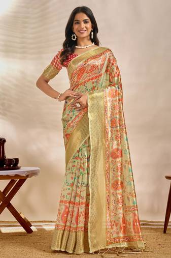light green printed art silk designer pallu saree