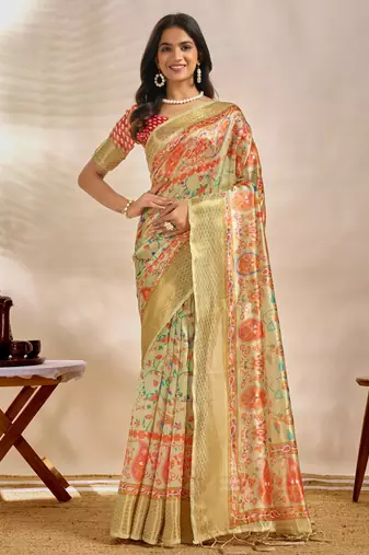 light green printed art silk designer pallu saree