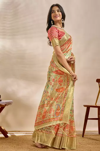 light green printed art silk designer pallu saree
