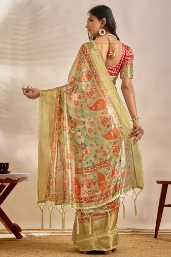 light green printed art silk designer pallu saree