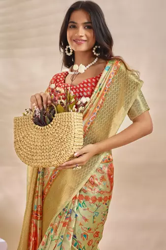 light green printed art silk designer pallu saree