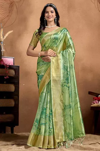 green printed art silk designer pallu saree